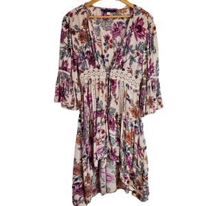 Swim Cover Up Lounge Jacket Robe V Neck Tie Lace Floral Long Sleeve Medium